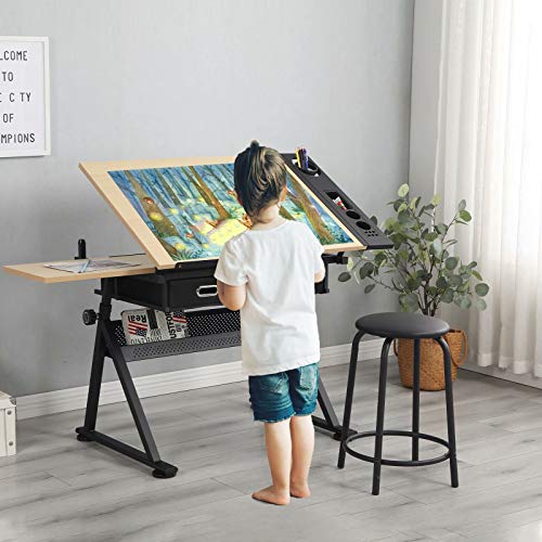 Drafting Desk Drawing Table Art Craft Work Station with Stool, Adjustable Height & Top Tilting Study Table Laptop Desk for Drawing, Reading, Writing