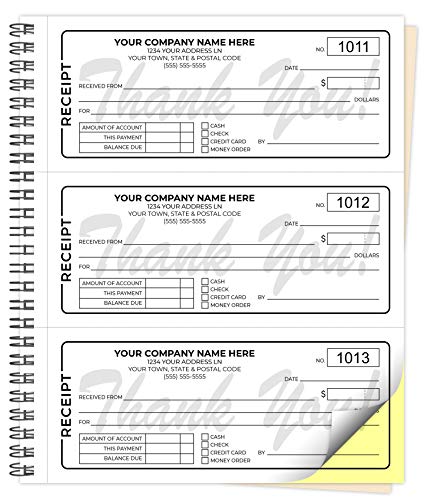 Custom Carbonless Receipt Form Books 8.5 x 7 Inches (3 per Page) - NCR 2-Part Spiral Bound Pads with Manila Cover Personalized Company Name and Number Printed (2-Part [White/Yellow], 3000 Sets)