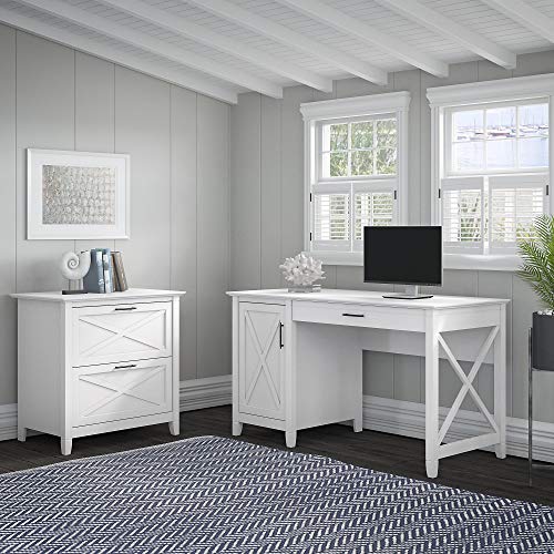Bush Furniture Key West Computer Desk with Storage and 2 Drawer Lateral File Cabinet, 54W, Pure White Oak
