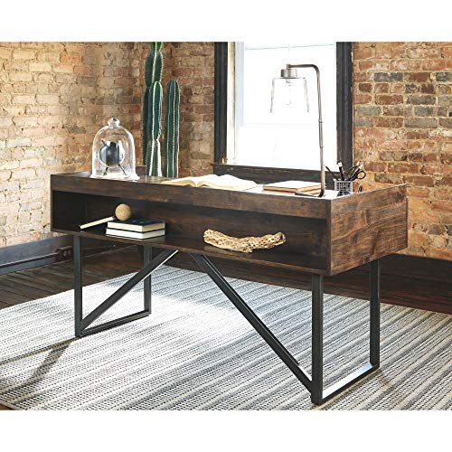 Ashley Furniture Signature Design - Starmore Home Office Desk - 3 Drawers w/ Dovetail Construction - Dark Bronze Tubular Metal - Contemporary - Dark Brown Rustic Finish