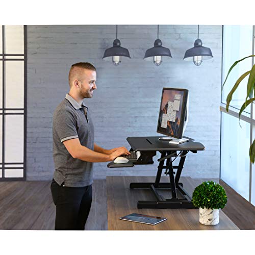 Seville Classics airLIFT Workstation Ergonomic Dual Monitor Riser with Keyboard Tray and Phone/Tablet Holder, Compact (30"), Black/Black