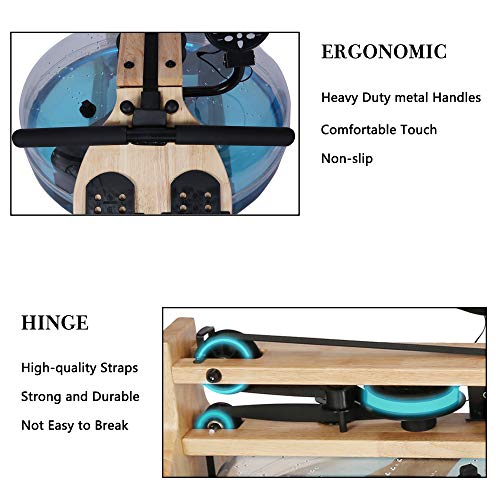 Vilobos Water Rowing Machine Heavy Duty Wooden Foldable Rower with Water Resistance Adjustable LCD Monitor for Calories Burned Sports Exercise Equipment in Home Gym