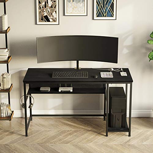 Rolanstar Computer Desk, Home Office Writing Study Desk with Power Outlets 47", Business Style Workstation Table with Storage Shelves,Stable Metal Frame, Black