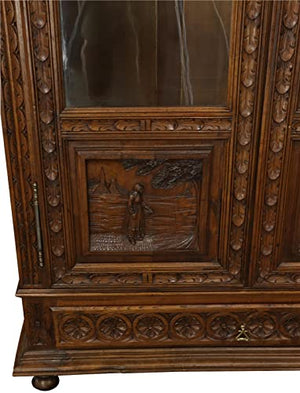 Generic Antique Brittany French Carved Bookcase Glass 2-Door 1890
