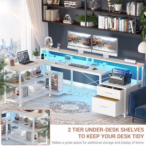 Aheaplus L Shaped Desk with File Drawer, Power Outlet, LED Strip - 72.8" Reversible Gaming & Office Corner Desk