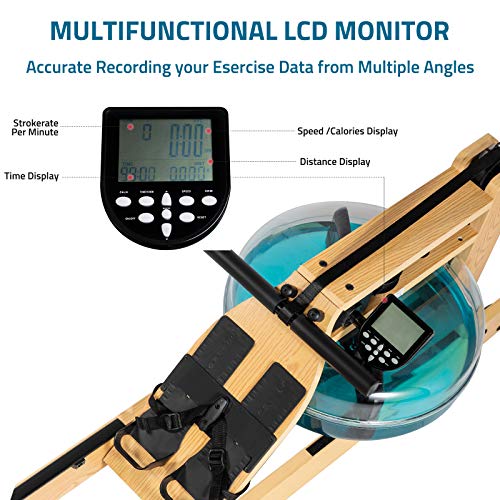 BOMBUS Water Rowing Machine for Home Use,Water Resistance Ash Wood Row Machine with LCD Monitor& Wide Seat Cushion Exercise Equipment for Men and Women Gyms Training Fitness Indoor Sports