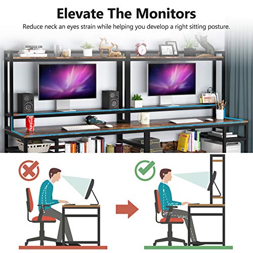 Tribesigns 94.5 inch Extra Long Double Computer Desk with Hutch & Monitor Stand, Large Two Person Desk with Storage Shelves & CPU Stand, Study Writing Table Workstation with Bookshelf for Home Office