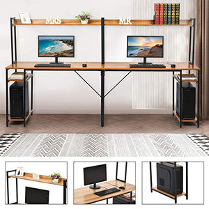 Double Workstation Desk, 94.5 inches Computer Desk with Hutch, Extra Long Two Person Desk with Storage Shelves, 2 in 1 Study Table & Bookshelves Combo PC Laptop Workstation for Home Office (Brown)