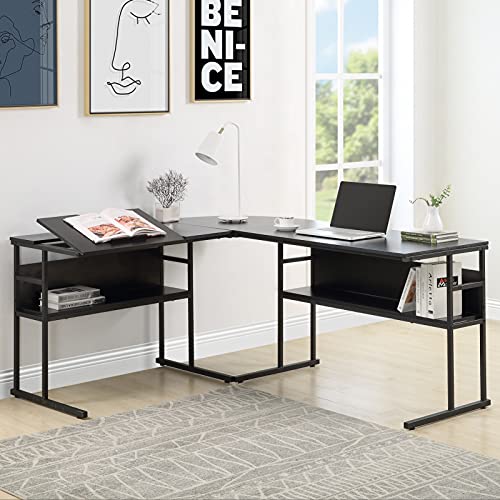 A-hyt Modern Free Style Bedroom Or Office, Identical Worthy for Your Study, A Detachable Design Multifunctional Drawing Table, L-Shaped Table; Weaponed with 2 Buttocks Bookshelves and A Tiltable Ta