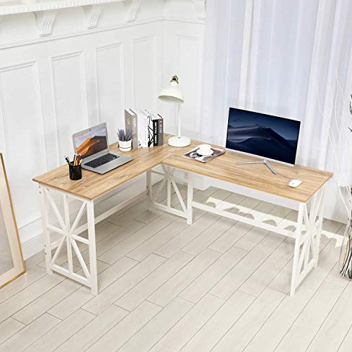 GreenForest Large L Shaped Desk and Computer Desk Bundle, Industrial Gaming Writing Desk Home Office Furniture Set, Oak