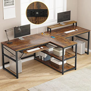 SEDETA 94.5" Home Office Gaming Desk with Storage, LED Lights, Power Strip, Keyboard Tray & Monitor Stand, Rustic Brown