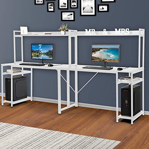 Double Computer Desk with Hutch, Extra Long Two Person Home Office Writing Desk with Storage Shelves, Workstation Office Desk Table Study Writing Desk w/CPU Stand (White)