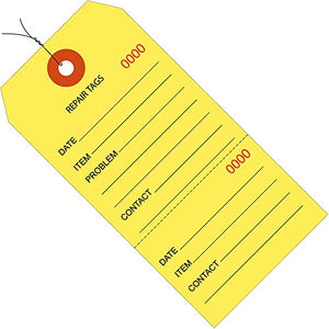 Aviditi Repair Tags, Wired, 6 1/4" x 3 1/8", Yellow, Consecutively Numbered 2 PC Perforated Tags, Used to Keep Track of Repair Work, Case of 1000
