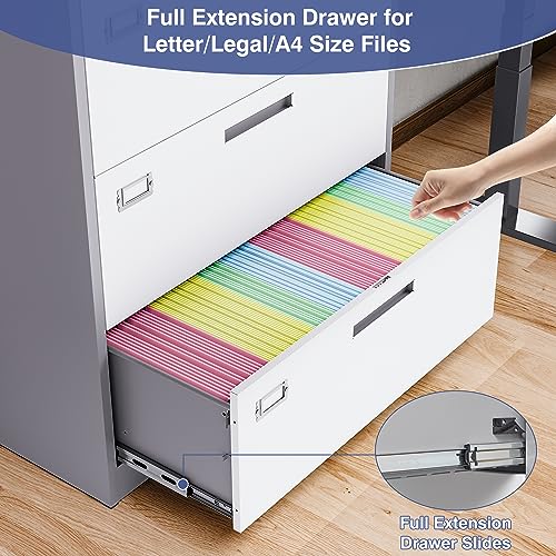 LISSIMO Metal File Cabinet with Lock, 4 Drawer Lateral Filing Cabinet - Home Office Storage