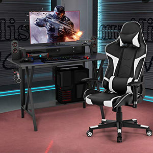 Tangkula Gaming Desk and Chair Set, Ergonomic E-Sport Gamer Desk & Racing Chair Set w/Cup Holder, Monitor Stand, Earphone Hook, Massage & Headrest, Home Office Computer Desk Chair Set (White)