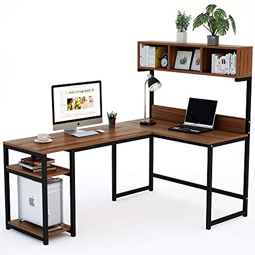Tribesigns L-Shaped Desk with Hutch, 68 Inches Corner Computer Desk Gaming Table Workstation with Storage Bookshelf for Home Office,Dark,Walnut