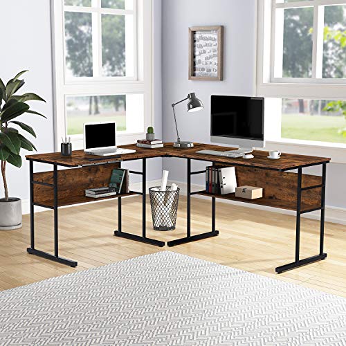 Office L-Shaped Desk with Bottom Bookshelves and CPU Stand, Multi-Function Drafting Drawing Table with Tiltable Desktop for Artist or Student/67 inch