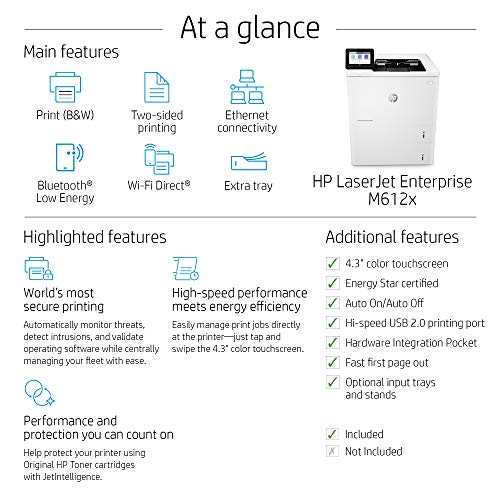HP LaserJet Enterprise M612x Monochrome Duplex Printer with Dual-band Wi-Fi and Extra Paper Tray (7PS87A)