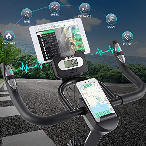 ANCHEER Exercise Stationary Bike, Indoor Cycling Bike Belt Drive with APP Connection, Adjustable Resistance, LCD Monitor, Comfortable Cushion,Pad/Phone Holder, Quiet for Home Gym Cardio Workout
