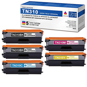 5 Pack (2 Black + 1 Cyan + 1 Magenta + 1 Yellow) Compatible TN310 TN310BK TN310C TN310M TN310Y Toner Cartridge Replacement for Brother MFC-9640CDN MFC-9650CDW Printer Ink Cartridge (High Yield)