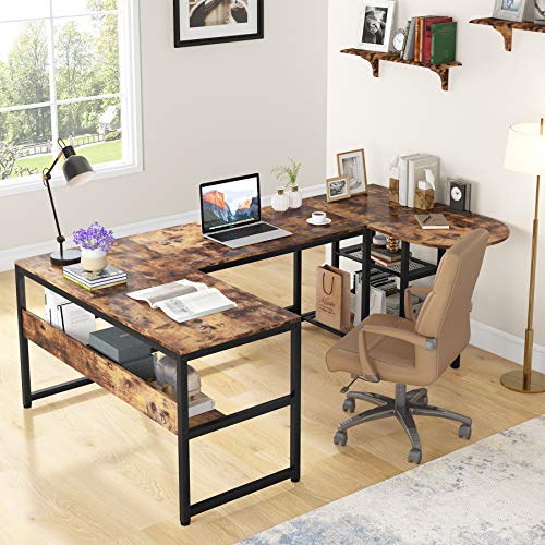 TIYASE U Shaped Desk with Storage Shelves, Large L-Shaped Desk Corner Computer Office Desk with Printer Stand and Bookshelf, Rustic Executive Office Desk Workstation, 78.7 x 47.2 inches