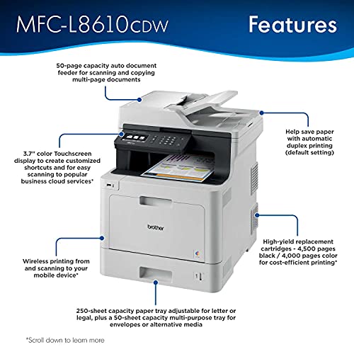 Brother MFC-L8610CDWB All-in-One Color Wireless Laser Printer for Home Office - Print Copy Scan Fax - 3.7" Touchscreen, 33 ppm, 600 x 2400 dpi, Duplex Printing, 50-Sheet ADF - Tillsiy Printer Cable