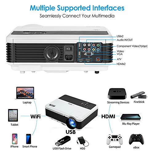 Wireless Bluetooth HDMI Projector 1080P Home Theater 2019 Smart Android 6.0 LCD LED Multimedia Video Projectors 4600 Lumen Outdoor WiFi Proyector for PC Laptop USB Driver TV Stick PS4 Wii Xbox