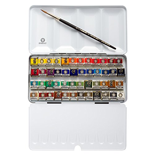 Rembrandt Watercolor Paint Metal Tin Deluxe Set, 48 Pans + 1 Brush, General Color Selection