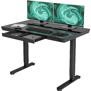Claiks Glass Standing Desk with Drawers, 48×24 Inch Adjustable Stand Up Desk with USB Ports, Black