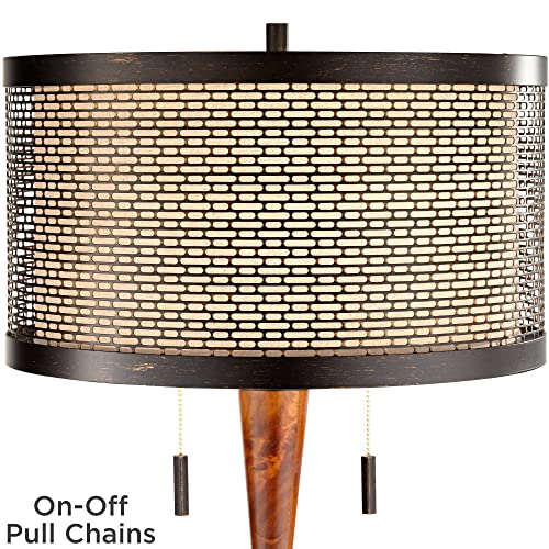 Franklin Iron Works Rustic Farmhouse Floor Lamp with Tray Table and USB Port 64.75" Tall - Painted Bronze Faux Wood Oatmeal Linen Drum Shade