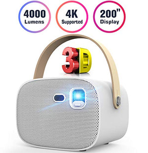 Mini Projector 4000 Lumens 3D Portable DLP Video Projector ±40° Keystone Built in Stereo Speaker Support 4K HDMI USB iPhone PC Bluetooth PS4 200" Home Theater Outdoor Gaming Wireless Screen Share