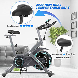 FUNMILY Indoor Exercise Bike Stationary, Cycling Bike-Belt Drive with Heart Rate Monitor & LCD Monitor, Comfortable Seat Cushion, Flywheel- Commercial Standard for Home Cardio Workout (Silver)