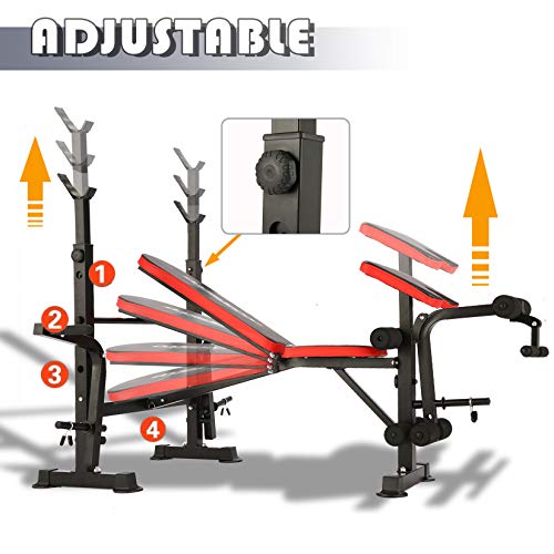 Olympic Weight Bench Multi-Function Adjustable Weight Bench with Preacher Curl Leg Developer Lifting Press Exercise for Full-Body Workout Home Gym Adjustable Weightlifting Bed (Red)