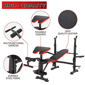 Adjustable Olympic Weight Bench with Leg Developer and Squat Rack Multi-Functional Weight Lifting Bench Set for Whole Body Exercise (Red)
