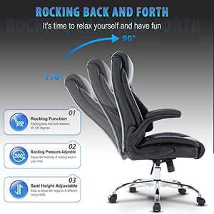 HESL Executive Office Chair with Adjustable Back Support, Ergonomic Design, Flip up Arms, Wheels, Faux Leather High Back - Black