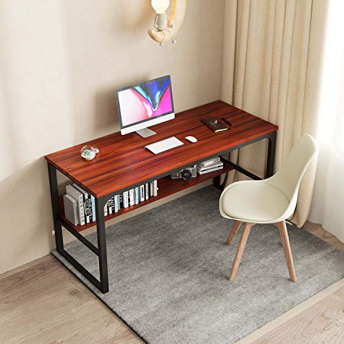 Coleshome Teak Computer Desk with Hutch Bookshelf, 55" Office Desk with Storage Drawers, Super Sturdy Writing Desk for Home Office