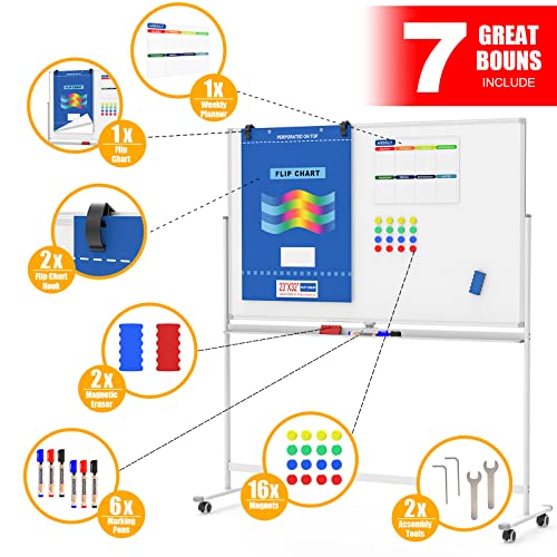 Large Magnetic Mobile Whiteboard with Rolling Stand - 60” X 40” Double Sided Easel Style Dry Erase White Board on Locking Wheels, Giant Standing Commercial Writing Board with White Aluminium Frame