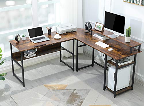 Sedeta L Shaped Desk, 70.9 inches Corner Computer Desk with Monitor Stand Riser, Drafting Drawing Table with Tiltable Desktop, Workstation Study Writing Table Art Desk for Home Office, Rustic Brown