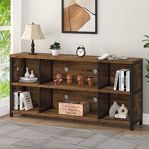 LVB Rustic Horizontal Bookshelf, Industrial Cube Storage Organizer, 63" - Rustic Brown