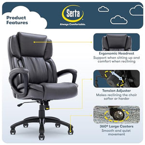 Serta Executive Office Chair with Layered Body Pillows, Waterfall Seat Edge, Bonded Leather - Space Gray