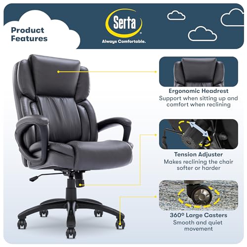Serta Executive Office Chair with Layered Body Pillows, Waterfall Seat Edge, Bonded Leather - Space Gray