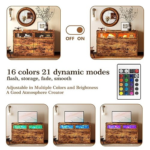 LIKIMIO 47" 6 Drawer Glass Dresser with LED, Power Strip, and Storage Cabinet - Rustic Brown