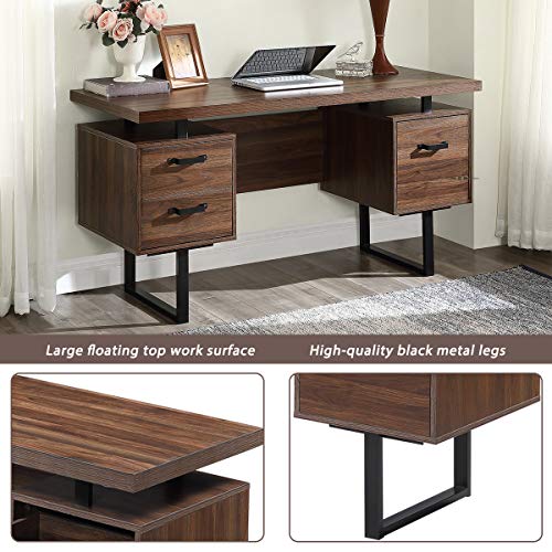 Binrrio Home Office Computer Desk with Drawers, Writing Study Table with Drawers Hanging Files, Modern Large Office Desk PC Laptop Study Workstation, Walnut