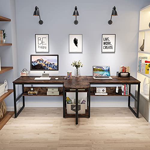 Tribesigns 94.5 inch Two Person Desk with Storage Shelves, Extra Long Computer Desk with Priter Shelf, Double Workstation Office Desk Study Writing Desk with Bookshelf for Home Office (Rustic Brown)