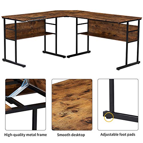 UNI FAM Home Office L-Shaped Desk with Bottom Bookshelves and CPU Stand, Multi-Function Drafting Drawing Table with Tiltable Desktop for Artist or Student/67 inch（Brown）