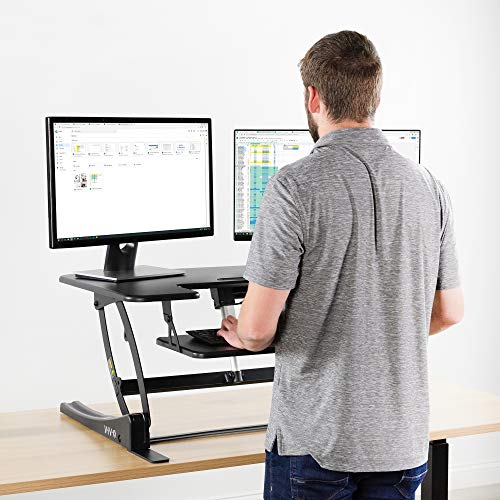 VIVO Black Electric Motor Height Adjustable 36 inch Stand up Desk Converter, Sit to Stand Tabletop Dual Monitor Riser with USB Port, DESK-V000VE