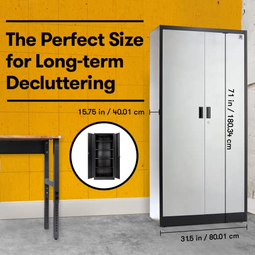 Fedmax Metal Garage Storage Cabinet - 71" Tall Steel Utility Locker with Adjustable Shelves & Locking Doors - Grey & Silver