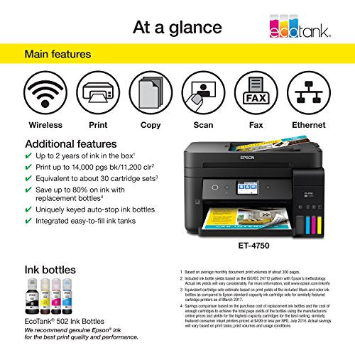 Epson WorkForce ET-4750 EcoTank Wireless Color All-in-One Supertank Printer with Scanner, Copier, Fax and Ethernet