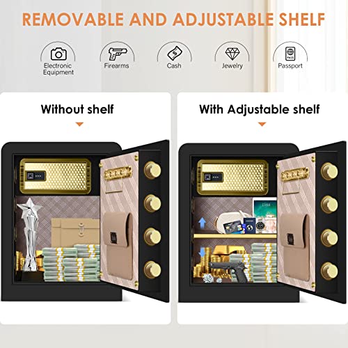2.3 Cub Large Safe Box Fireproof Waterproof, Home Safe with Fireproof Document Bag, Built in Interior Cabinet Box, LED Light, LCD Screen and Removable Shelf, Fireproof Safe for Money Jewelry Documents Valuables (black)