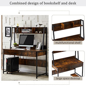 Rustic Wood Computer Desk with Hutch & Bookshelf for Home Office Dorm, Sturdy Gaming Table Study Writing Desk Workstation with Storage Drawers, Wheeled CPU Stand & Metal Frame for Small Spaces (Brown)